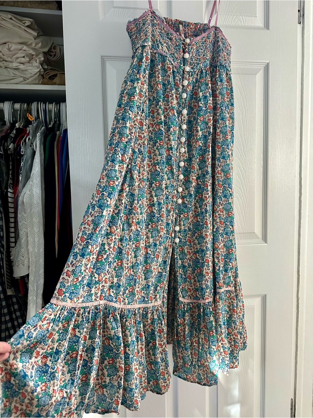 Free People Teal and Pink Floral Midi Dress with Button Front - Picture 8 of 13